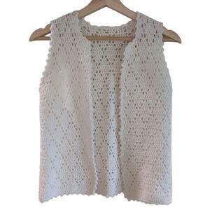Vintage Handmade Crochet Vest White Sleeveless Boho Cottagecore Layering Top S